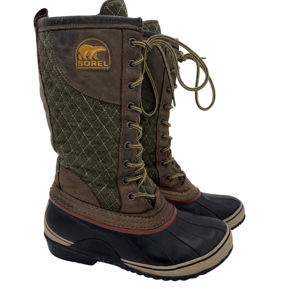 Sorel Women's Green Leather Sorelli Quilted Wool Winter Boots Size 7